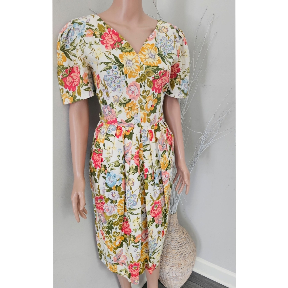 Ann Taylor Vintage Floral Linen V-neck Puff Sleeves Pleated Skirt Midi Dress